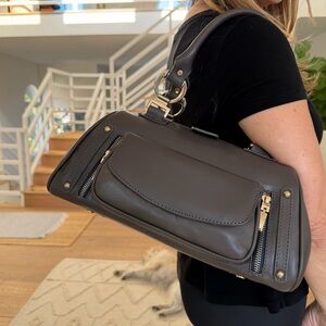 Neiman Marcus Gray Leather Shoulder Handbag - Gold Hardware